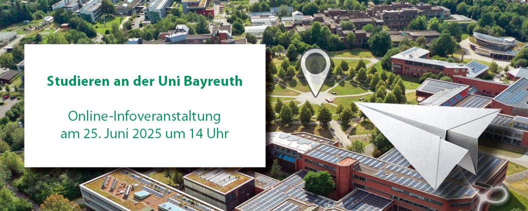 Foto vom Campus der Uni Bayreuth mit Daten des Webinars Studieren in Bayreuth